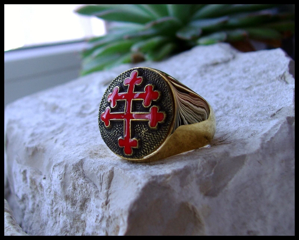 CROSS OF LORRAINE RING BAGUE SIGNET CROIX GOLD STEEL MEDAL PIN
