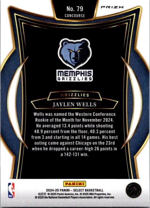 2024-25 NBA Panini Select #79 Jaylen Wells Tri Color Prizm