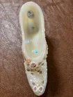 Fenton White Iridescent Daisy and Button Cat Shoe Slipper Hand Painted Signed