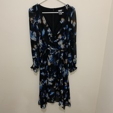 DKNY Womens S 4 Black floral lined Wrap style Long Dress Long Sleeve Wedding