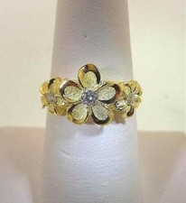10.5MM/6.5MM YELLOW GOLD PLATED 925 SILVER BRUSH SATIN HAWAIIAN PLUMERIA CZ RING