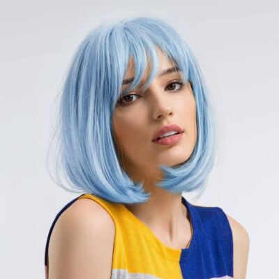 Blue Bob Wig with Bangs for Women, 12 Inch Short Light Blue  display picture 1