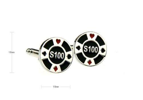 Poker Chip Paar Manschettenknöpfe schwarz silber 100 $ Hochzeit Geschenkbox & Poliertuch - Bild 2 von 3
