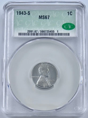1943 S 1C Lincoln Cent Steel Wheat Penny CACG MS 67 CAC Approved