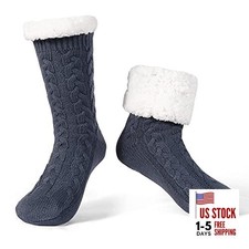 Men's Warm Cozy Slipper Socks with Grips, Non Slip Winter 12-15 Dark Grey
