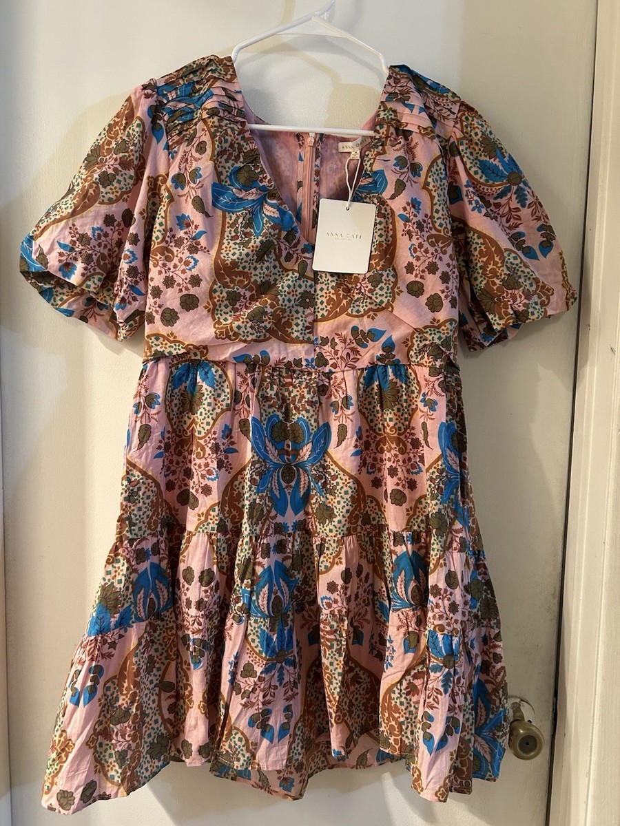 Anna Cate Collection Fit & Flare Floral Pink Cotton Ruffle Dress Puff  Sleeve M | eBay