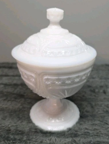 Vintage Milk Glass Compote Candy Dish With Lid Pedestal Pressed Glass Starburst