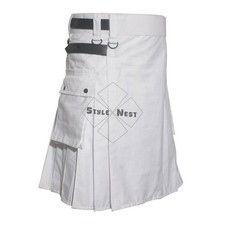 Cotton White Utility Kilt with Cargo Pockets   Handmade, Sizes 28"-60"