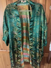 Women  s Green Satin Floral Kimono Robe V-Neck 3/4 Sleeve Tie Belt XL