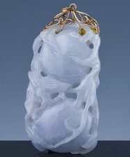 ANTIQUE CHINESE 14K GOLD WHITE LAVENDER JADEITE DOUBLE PEACHES NECKLACE PENDANT