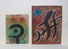 Joan Miro b.1892 Oils Age Craquelure Surrealism Pair Signed