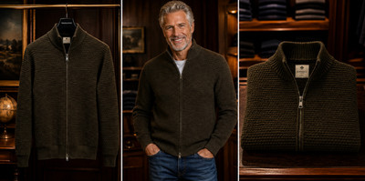 New LUIGI BORRELLI Italy Green Knit Merino Wool Full Zip Sweater L (EU 52)