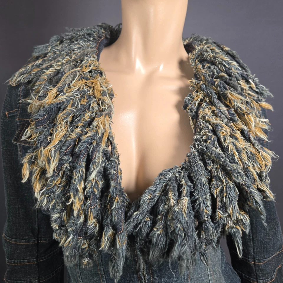 Vintage Y2K Parasuco Fringed Denim Jean Jacket Size M Boho Grunge Zip Up Foto 3 de 4