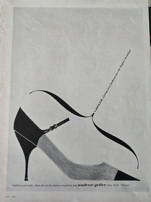 1958 Women's Andrew Geller  Choker Calfskin And Suede Shoes Vintage  Art ad 