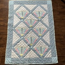 Hand Quilted Fan Block Dresden Baby Quilt 35x48 Pastel Blue Pink Green Lace Trim