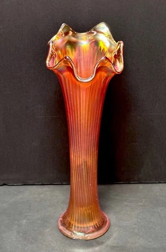 Vintage MCM Fenton Marigold  Carnival Glass Manganese Swung Vase 10"