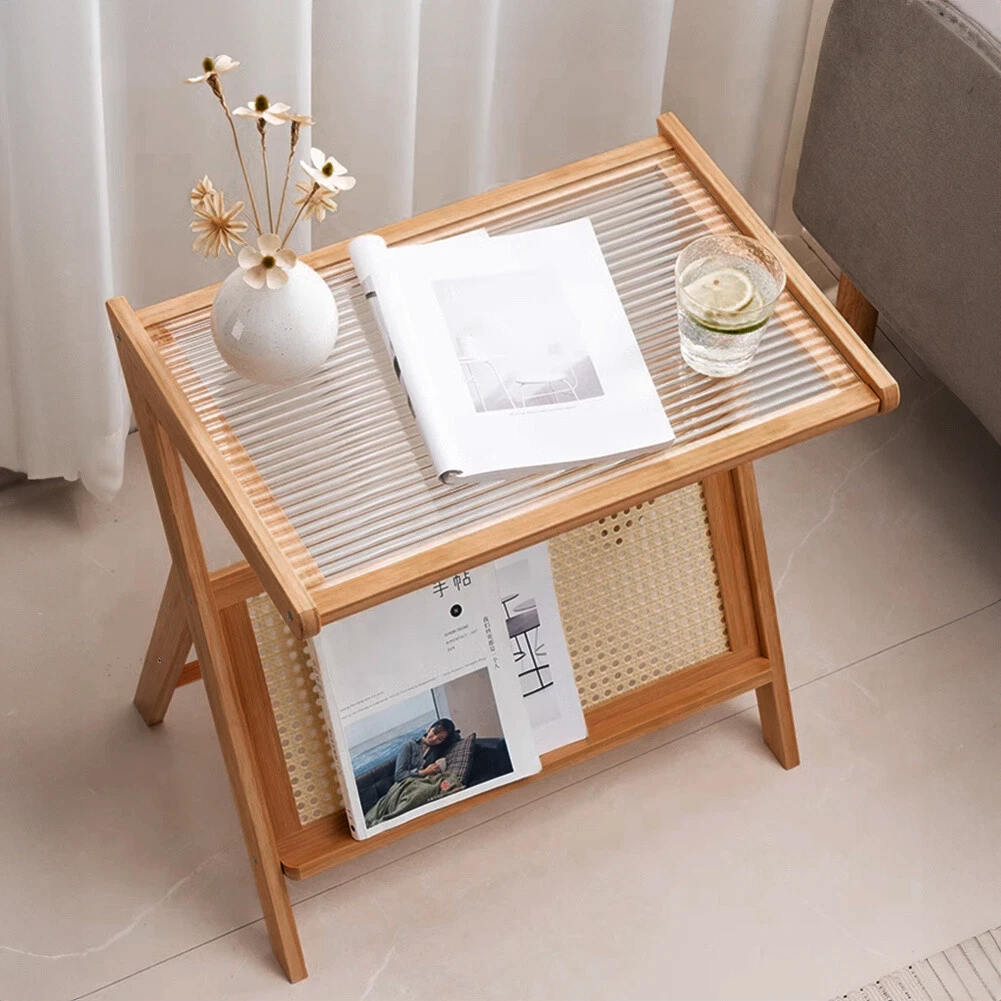 Vintage Bamboo Side Table GlassTop Bedside Tea Coffee Lamp Plant Stand Furniture