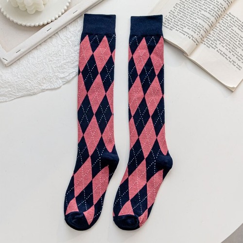 Women Knee High Socks College Vintage Multicolor Argyle Plaid Print Stockings - Picture 20 of 28