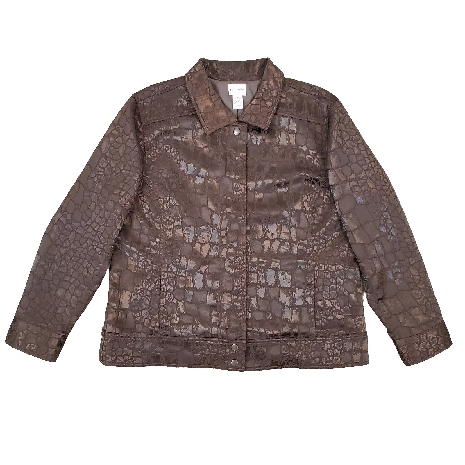Chico's Alligator Print Jacket Snap Button XL Bro… - image 1