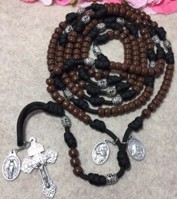 15 Decade Catholic Rosary, 3 Saints Medals- Brown beads rosary - Handmade
