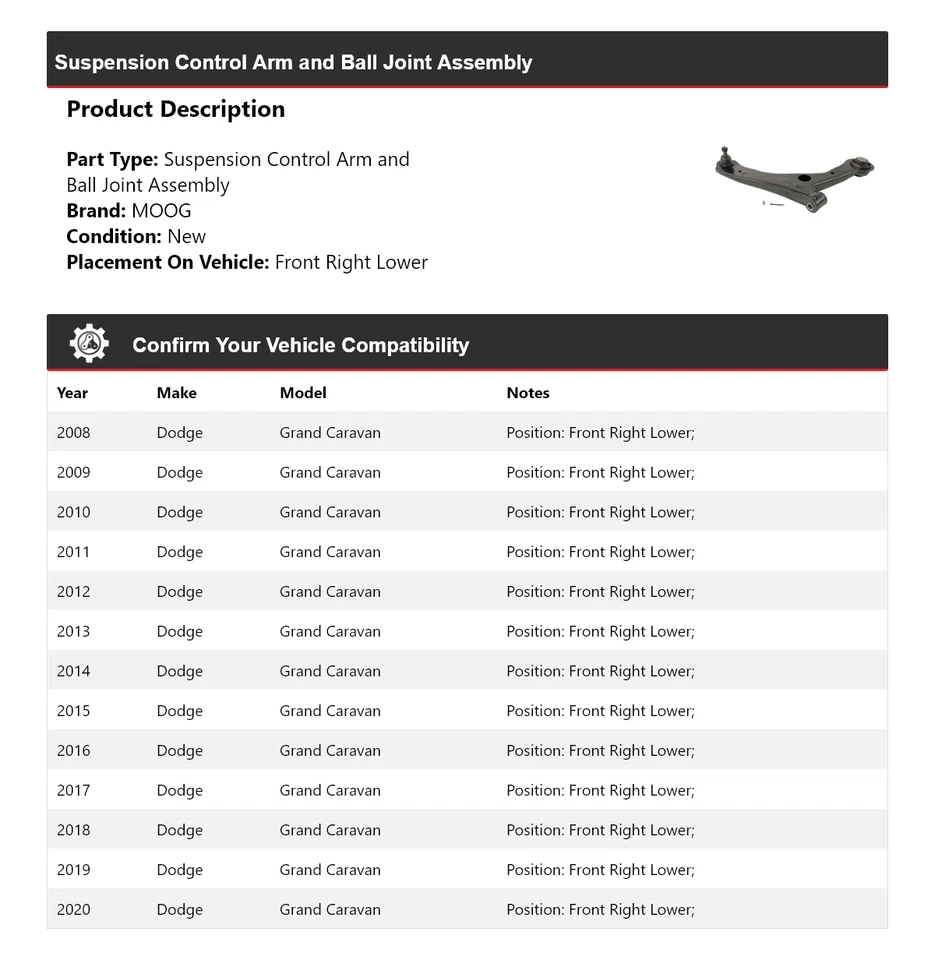 Braço de controle dianteiro direito inferior MOOG 2008 2009 Dodge Grand Caravan 2008-2020 - Imagem 2 de 4