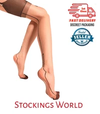 Fully Fashioned Stockings Cuban Heel Natural/Black Medium NO STRETCH 100% Nylon