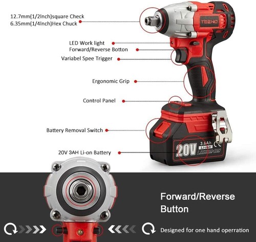 TEENO. 20V Brushless Lithium-Ion Impact Wrench 3.0Ah Batteries, Charger, 3pcs - Picture 6 of 6