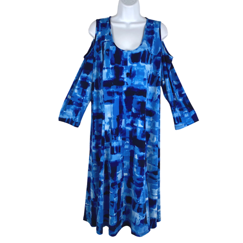 Susan Graver Dress XL Liquid Knit Cold Shoulder Blue Print Stretch DR