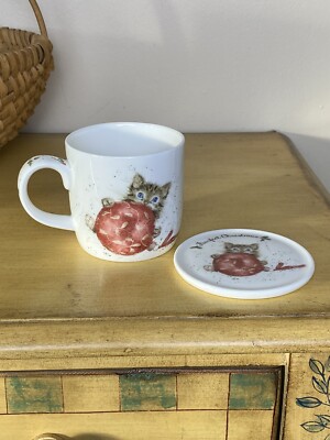 Royal Worcester Mug Wrendale Hannah Dale Purrfect Christmas Cat  11oz w/ Coaster