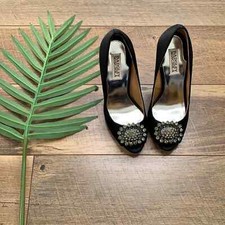 Badgley Mischka Women's Pettal Peep Toe Black Satin Bridal Pump Heel sz 7