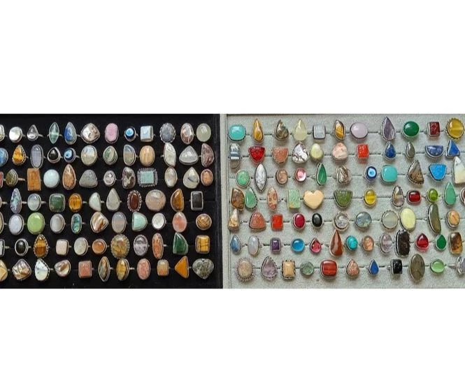 Lote al por mayor de anillos con diseño enchapado en plata de ley 925 con piedras preciosas de jaspe y mezcla Foto 2 de 4