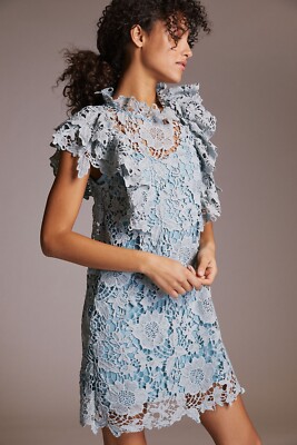 NWT $180 Anthropologie Blue Tassel Lace Ruffle Crochet Mini Dress Wedding  Guest | eBay