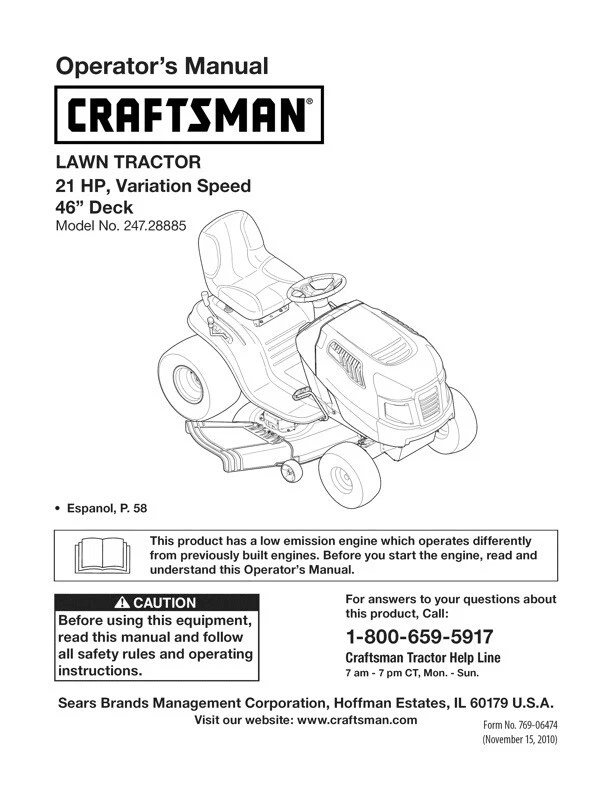 Owner s Manual Sears Craftsman 21.0 HP Lawn Tractor 46 Mower