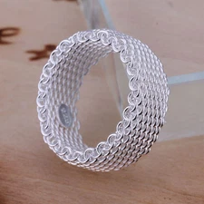 925 Sterling Silver Flexible Band Plain Mesh Plated Ring B2
