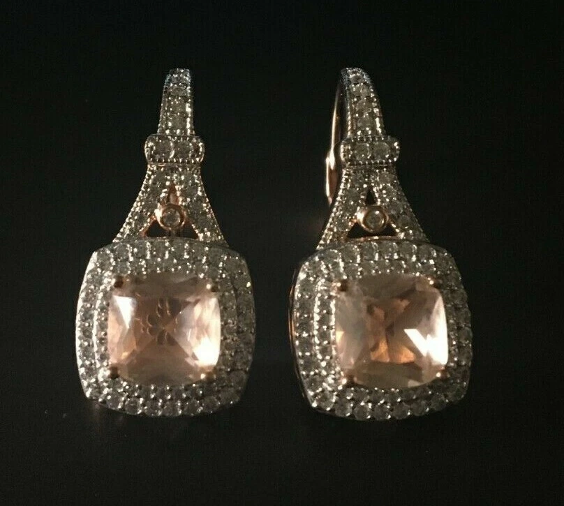 Morganite and White Diamond Stimulants Cushion Drop Earrings Rose Gold Plated St - Image 2 of 4