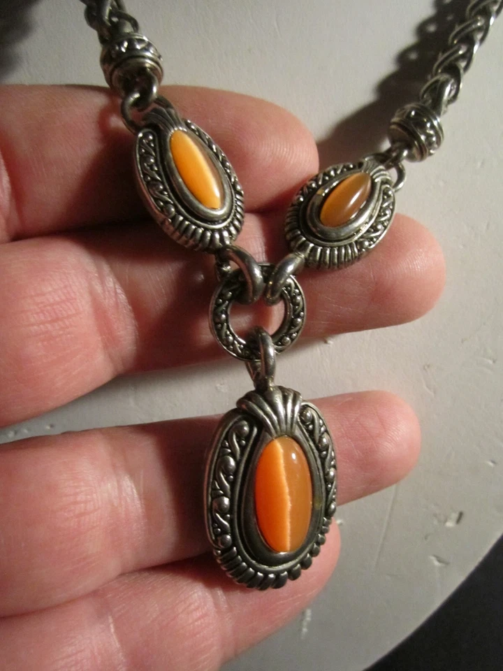 COLLAR DISEÑO TEJIDO PESADO 16" CON IMITACIÓN NARANJA OJO DE GATO CRISTALES -OFC-T2 Foto 2 de 4