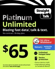 Straight Talk Rob 65 Refill Card Unlimited Talk Plan Platinum 30 Day Top Up NOW