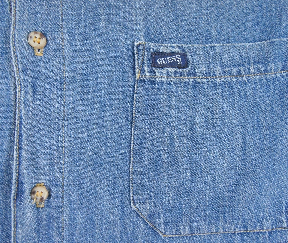 复古 Guess 衬衫男式大号蓝色牛仔纽扣 Georges Marciano 90 年代 — 第 3/4 张图片