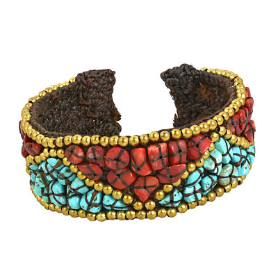 Tribal-Chic Red and Blue Stone Triangle Pattern with Brass Cuff Bracelet