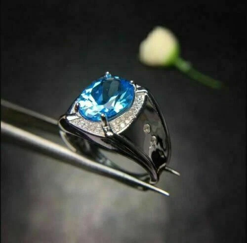 Обручальное или обручальное кольцо из белого золота 14 карат с аквамарином ореолом овальной огранки 4 карата - Изображение 2 из 4