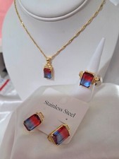 Women's 18K Gold Plated Stainless Steel Multi-Necklace Earrings Ring Jewelry Set