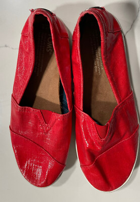 TOMS Women's Shoes  Avalon Patent Linen Slip On Loafers Red Size 7.5 SH4