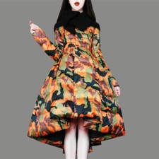 Womens Duck Down Jacket Asymmetric Big Lower Hem Mid Long Coats Camouflage Print