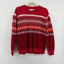 LOFT Sweater Red Multi Women Medium Fair Isle Geometric Knit Crew Neck Pullover