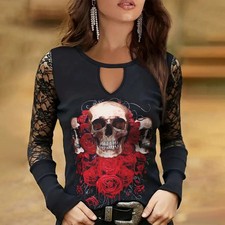 Womens Lace Gothic Skull Print T-Shirt Long Sleeve Ladies Steampunk Blouse 14