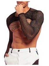 Men's Fishnet Sheer Mesh Long Sleeve T-Shirt Crop Top Slim Fit Party Tee Tops