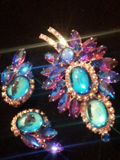 OPULENT & RARE JULIANA LG PIN & CB EARRINGS SET W BLUE HELIO & PURPLE WATERMELON