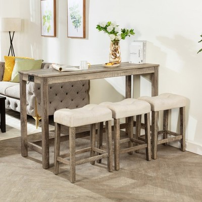 4-Piece Bar Table Set w/Power Outlet Wood Table w/Padded Stools for Living Room