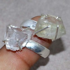 925 Silver Plated Rough Crystal Quartz Two-Stone Ring US FreeSize Trendy GW