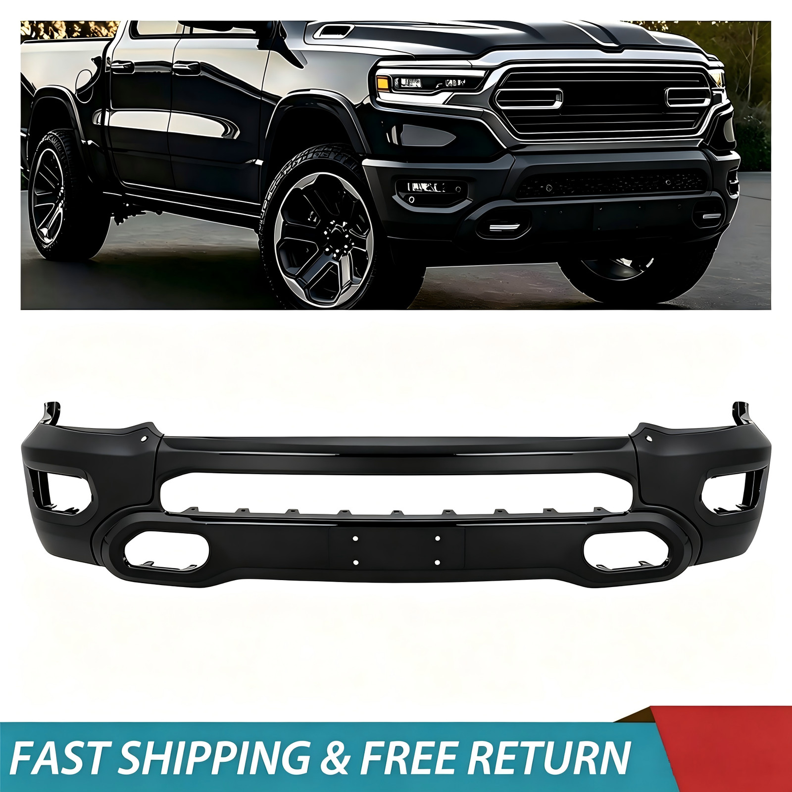 For 2019-2024 Ram 1500 Rebel Front Bumper Face Bar w/ Fog Light Holes Steel 3pcs